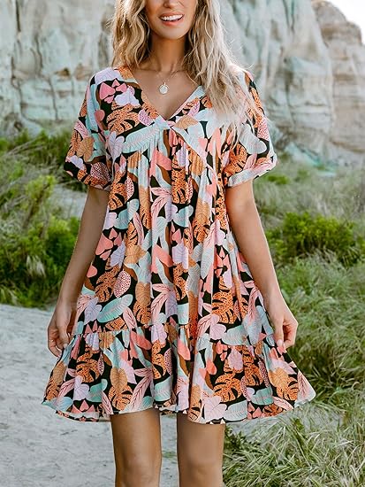 Women's Mini Dress V Neck Tropical Short Sleeve Loose Fit Ruffled Short  Summer Beach Dress